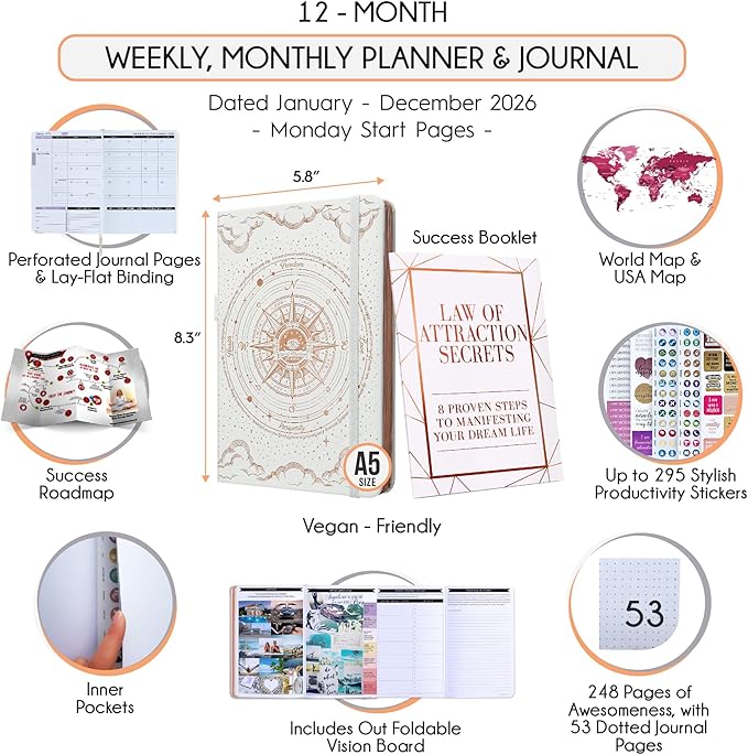 Law of Attraction Planner 2026 Deluxe with Productivity App | Weekly & Monthly Goal-Setting Planner, Life & Gratitude Journal | Include Foldable Vision Board, Gift Box & Stickers