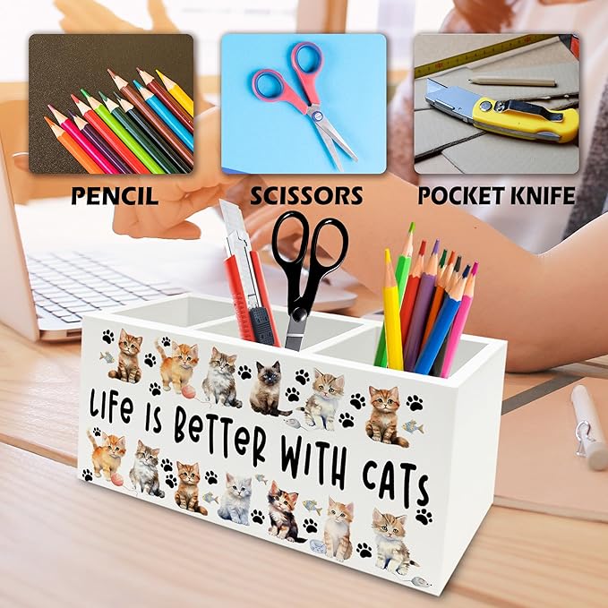 QZQE Cat Pen Pencil Holder Organizer for Desk, Cat Lovers Mom Lady Gifts for Women, Life Is Better with Cats Wooden Box Signs Decorations for Home Office Desk Tabletop, Gifts for Pet Lovers