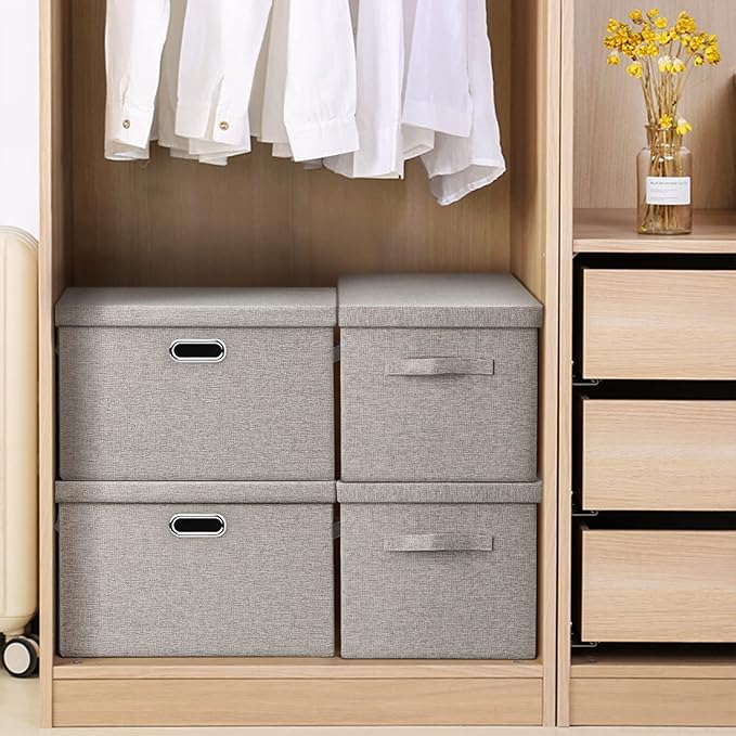 Graciadeco Large Quart Collapsible Stackable Storage Bins with Lids, 3 Packs Beige Linen Fabric Closet Boxes with Lids, Storage Cube Baskets Container Organizers for Bedroom Office(16.6 x 11.7 x 10.8)