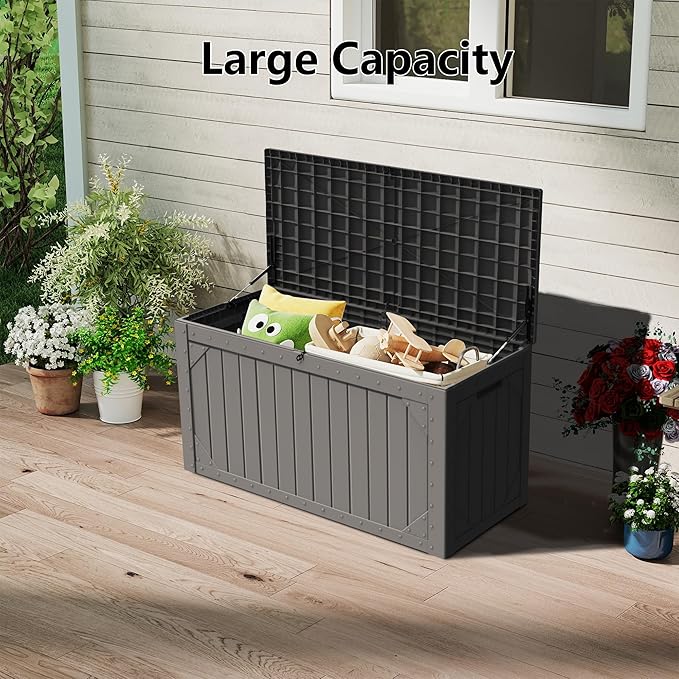 PATIOEASY 100 Gallon Waterproof Large Resin Deck Box，Storage Box for Patio Cushions(Grey)