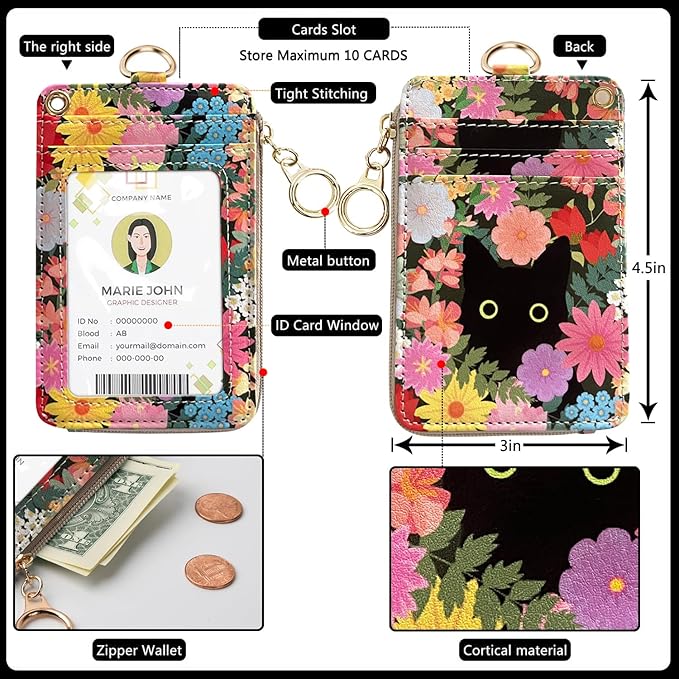 bolimoss Black Cat Flower Lanyard Wallet,Pu Leather Women Zid ID Case with Lanyards,Cute Neck & Wrist Lanyard Keychain for Women, Teacher, Nurse, Office Name Tag Badge Holder ID Card Holder