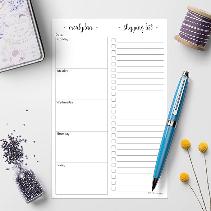 321Done Magnetic Meal Planning Pad, 5.5x8.5, Made in USA, M-F Weekly Menu Planner & Grocery List for Refrigerator, Perforated Tear Off Checklist (50 Pages), Thick Paper, Strong Magnet for Fridge