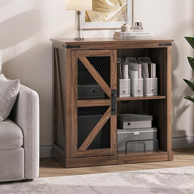 JOINICE,Printer Stand with Storage,File Cabinet with Socket and USB Charging Port,Farmhouse Paper Shredder Stand Rack with Slide-Out Shelf,Walnut