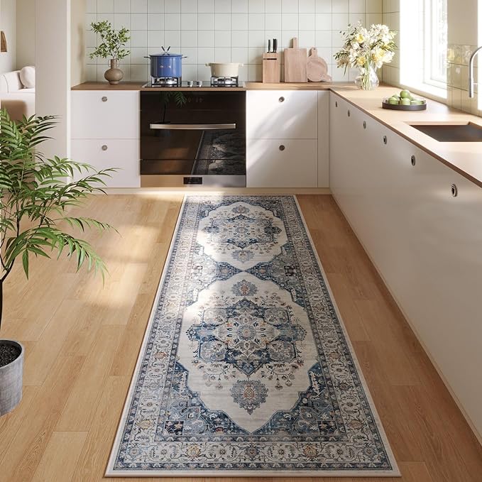 Rugcomf Vintage Medallion Kitchen Rugs Non Slip Washable 2'7"x8' - Low Pile Runner Rug, Boho Carpet for Hallways, Laundry, Bedroom, Bathroom - Blue