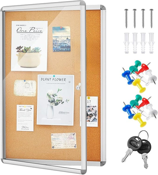 Geetery 36 x 24 Inch Enclosed Bulletin Board Tamperproof Lockable Cork Board Fabric Noticeboard, Aluminium Frame Display Cases Wall-Mounted for School, Office, Commercial, Hospital