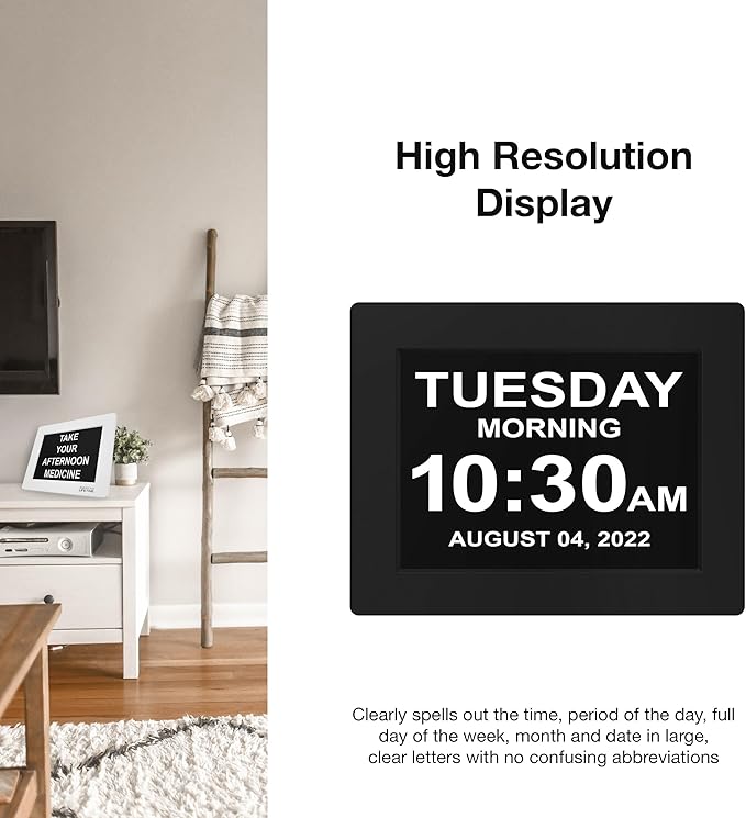 American Lifetime Large Digital Wall Clock for Seniors, Black Polished, 8-Inch High Resolution Display, Easy to Read, Customizable Alarms, Auto-Dimming, Multi-Language Support, Battery Backup