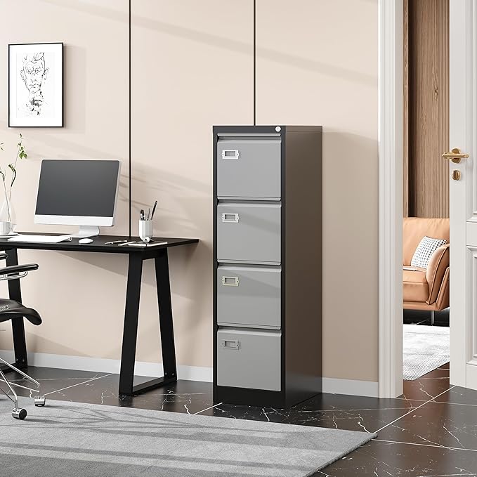 PEUKC 4 Drawer File Cabinet, Vertical Filing Cabinets with Lock, Metal File Cabinets for Home Office, Anti-Tip 4 Storage Drawers for Letter/Legal/A4/F4 Size (Assemble Required, Black)