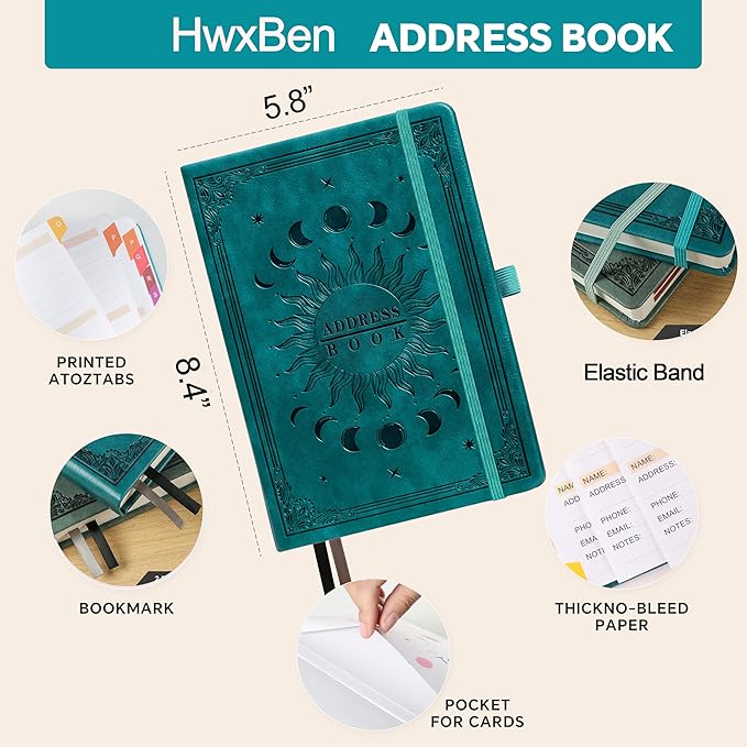 Address Book with Colorful Alphabetical Tabs (8.4" x 5.7") – Hardcover Contact Organizer for Website Passwords, Telephone, Software Licenses, and Important Information – Black
