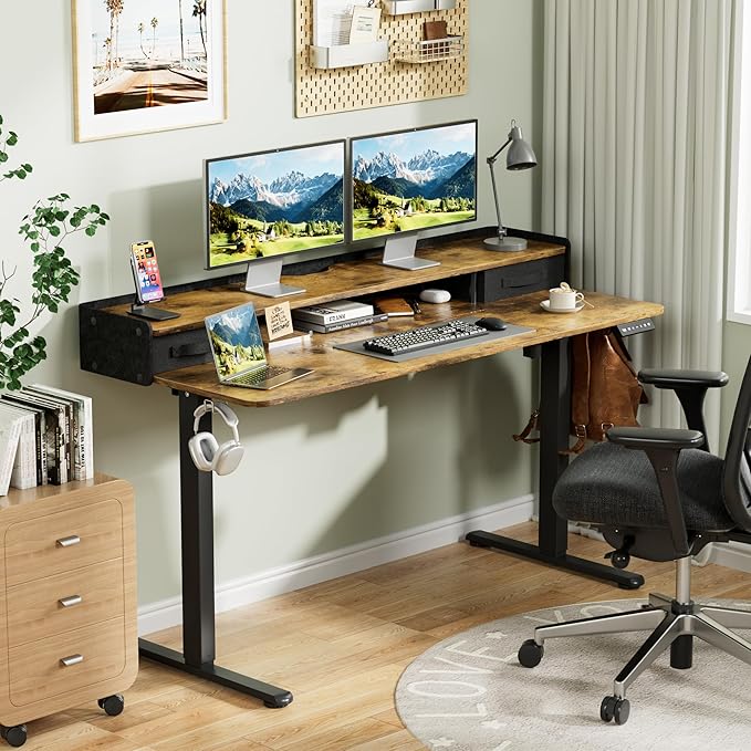 Homall Electric Standing Desk with 2 Drawers, Adjustable Height Computer Desk with Storage Sit Stand Table with Storage Shelf and Splice Board Quick Install for Home Office (Rustic Brown, 55 Inch)