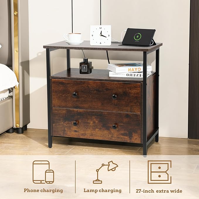 Edbuosy 27 inch Wide Night Stand with Charging Station, Bedside Table with Open Shelf, 2 Drawers Small Wood Dresser, Modern Wood Nightstand for Bedroom/Living Room (Rustic Brown)