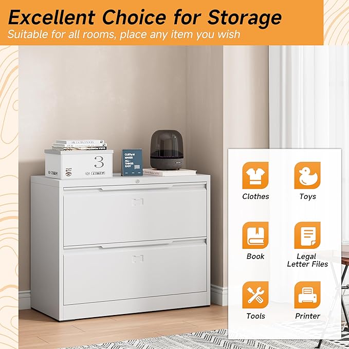 Bestoo 2-Drawer Lateral File Cabinet with Lock, Metal Filing Cabinet for Home Office, Lateral Filing Storage Cabinets, Fits File Folders, Letter/Legal/F4/A4 Sizes, Assembly Required (White)