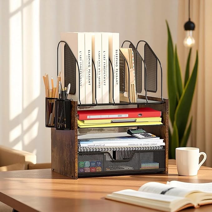 Boershun Wood Desk Organizer - 4-Tier Desktop File Organizer with Drawer, Wooden Paper Tray, Vertical File Holders & 2 Pencil Holders - Office Desk Organizer for Papers, Mail, Notebooks, Stationery