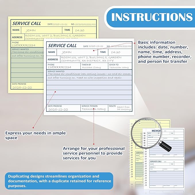 300 Sets Service Call Log Book 5 5/8 x 8 1/2" 2 Part Carbonless 2 Message Sets per Page Phone Call Log Book Phone Message Book Invoice Receipt Book for Repair Service (3)