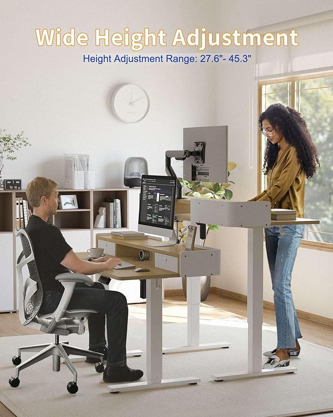 YIHAYO Electric Standing Desk with Drawers, 48 x 24 Inches Adjustable Desk with Storage Shelf, Stand Up Desk with Splice Board, Computer Table for Home Office, White Frame/Natural Top