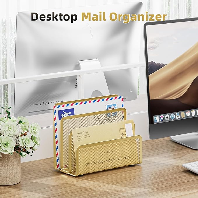 Marbrasse Mail Organizer for Desk, 3-Slot Mesh Metal Mail Holder countertop, Letter Holder, Office Desktop Envelope and Document Storage Rack (Gold)