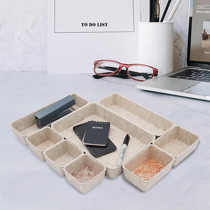 Welaxy Desk Drawer Organizer Tray, 8-Piece Beige Office Storage, Nordic Minimalist Lifestyle (Oatmeal)