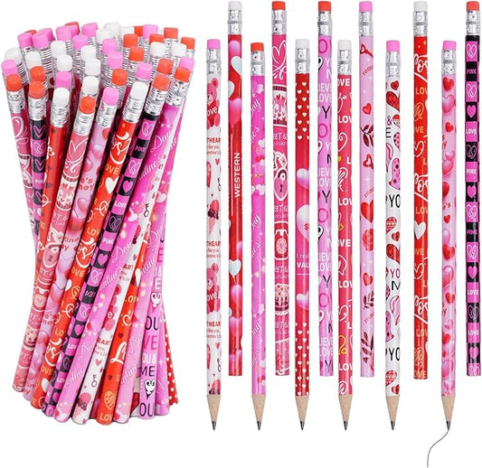 Rbenxia 48PCS Valentines Day Wooden Pencils with Erasers, Valentine's Exchange Gifts for Goodie Bags Fillers, Assortment Novelty Pencils Awards Incentives for Giveaways Favor (Valentine's Day)