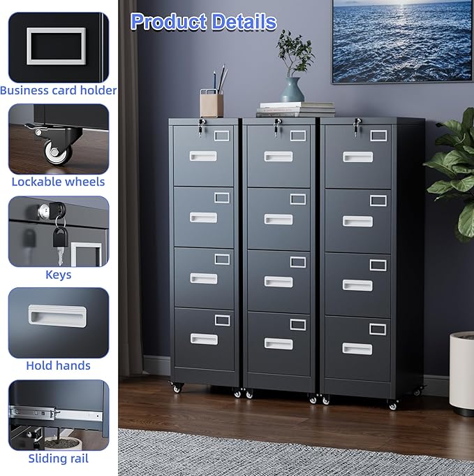 METAN 4 Drawer File Cabinet on Wheels, Lockable Metal Filing Cabinet with Handle and Name Card for Office Home,Assembly Required,Black