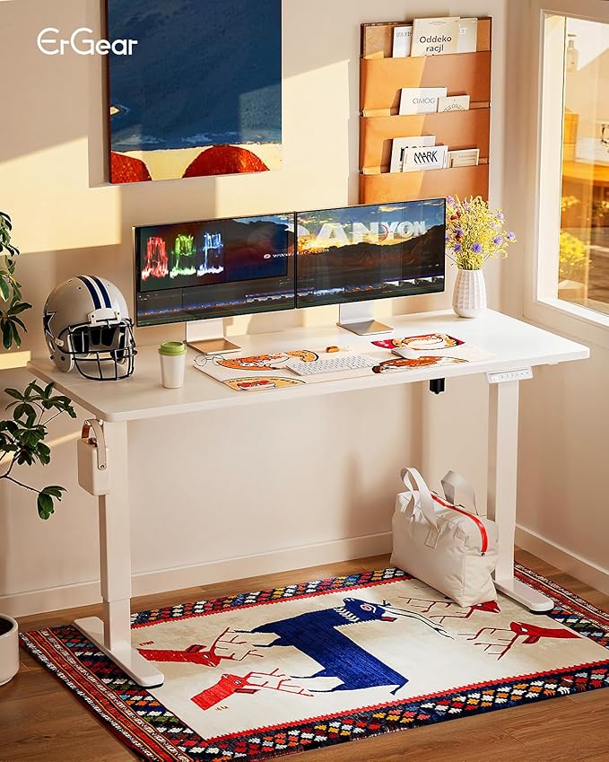 ErGear Height Adjustable Electric Standing Desk, 55 x 28 Inches Sit Stand up Desk, Large Memory Computer Home Office Desk with Two-Piece Desktop (White)