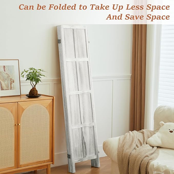 Leesinwing Wood Room Divider 4 Panel Folding Privacy Screen, Classic 5.6Ft Indoor Wooden Partition, Portable Partition Wall Divider for Room Separation, Home, Office, Bedroom, Restaurant (White)