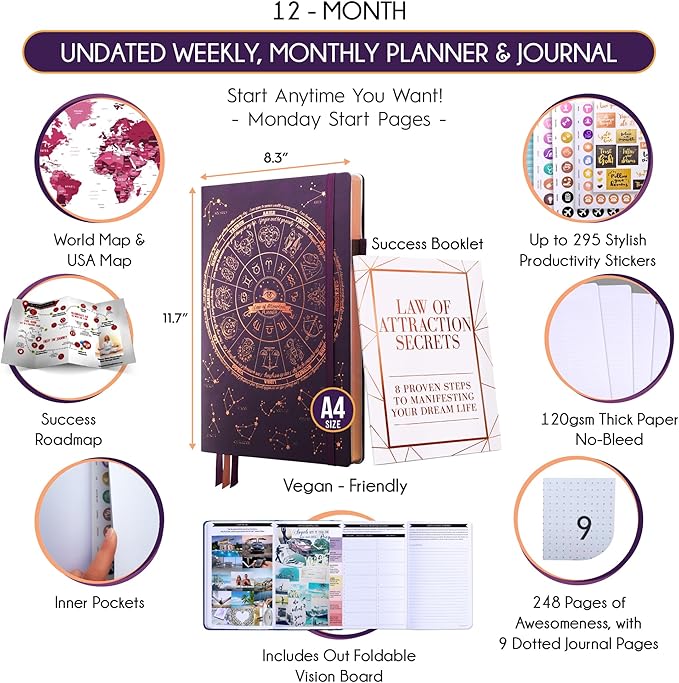 Life Planner - Undated Weekly & Monthly Planner, 12-Month Journey to Increase Productivity | Gratitude Journal, Life Organizer & Goal Journal | Include Foldable Vision Board, Habit Tracker & Stickers