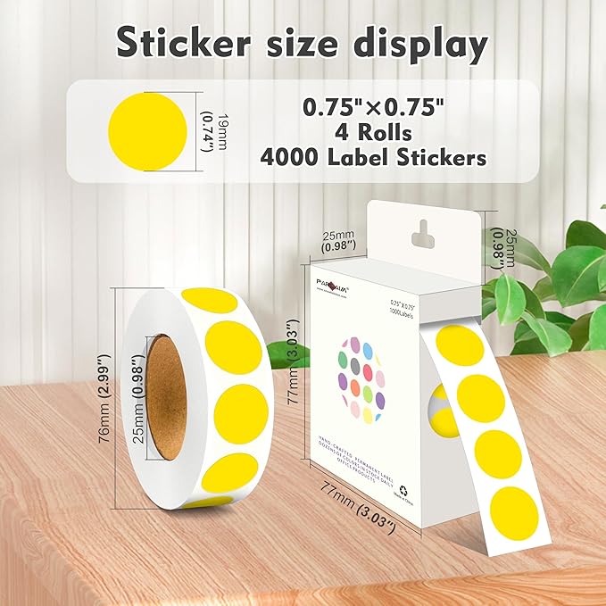 PARLAIM 3/4 Inch Roll Color Coding Labels,4000 per/4 Rolls Round Adhesive Color Coding Circle Dot Stickers for Office Home(Yellow)