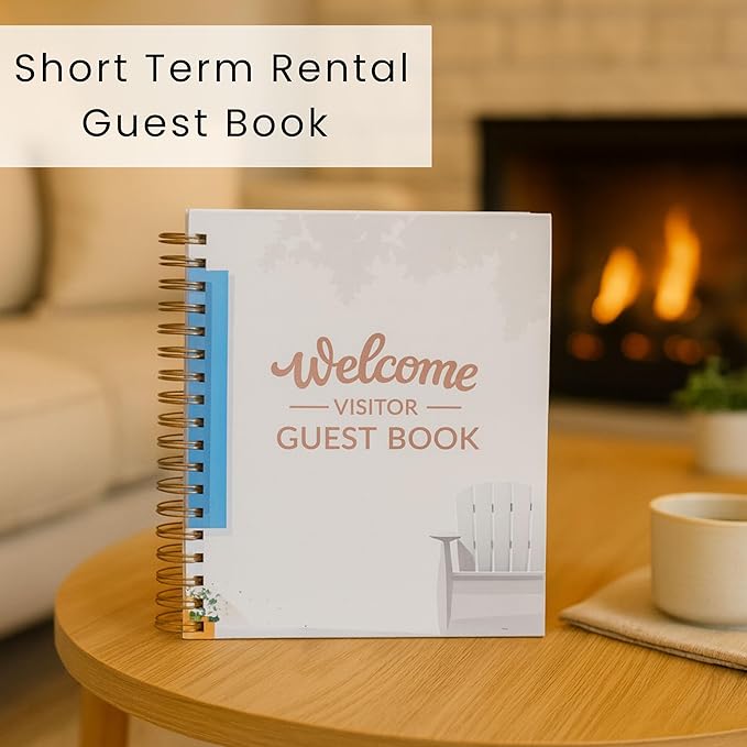 Paper 'n Such Guest Book for Rental House - Vacation Home - Short Term Rentals, Host Essentials, Spiral Hardcover Welcome Log for Airbnbs- 200 Pages (White/Blue)