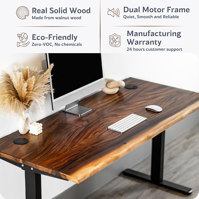 Standing Desk – Walnut Solid Wood Desk, Natural Live Edge, Adjustable Height Dual Motor, Sit Stand for Home Office (Black, W60 x D27)