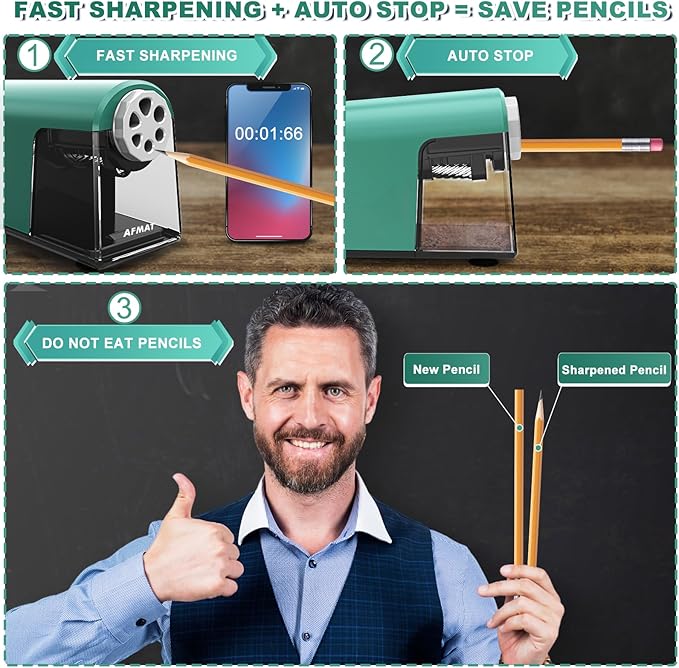 AFMAT PSX2 Heavy Duty Electric Pencil Sharpener 6 Holes, Classroom Pencil Sharpener for 6-11mm Pencils, Auto Stop, Super Fast, Save Pencils, School Teacher Must Have Pencil Sharpeners Plug in, Green