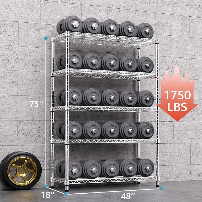 M MZG 1750 LBS Storage Shelves 5-Tier Utility Shelving Unit Steel Organizer Wire Rack for Home,Kitchen,Office,Garage, Capacity 17.7" D x 47.2" W x 72.3" H | Organizer Wire Rack, for Home, Kitchen, Office, Garage, 1750 LBS Capacity