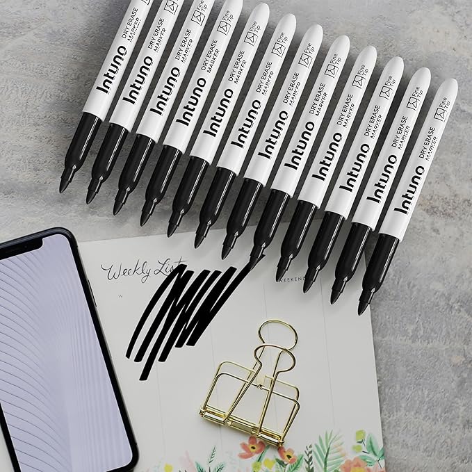 INTUNO Dry Erase Markers, 108 Count Black, Fine tip, Low-Odor, Perfect for Office, Teaching, Meeting, Presentation, Classroom, Home