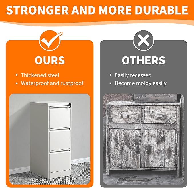 OPTYMIRA 3 Drawer File Cabinet with Lock,White Metal Filing Cabinets Heavy Duty Locking Vertical File Cabinet Home Office Steel Storage Cabinet for Legal/Letter Size File,Assembly Required