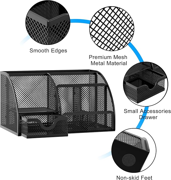 EasyPAG Mesh Desk Organizer with Drawer Multi-functional Pen Holder Stationery Organizer for Office School Supplies 6 Compartments Dorm Organizers and Storage for Desk, Black