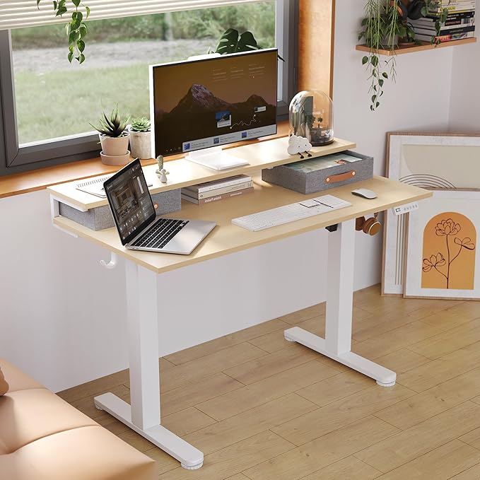 Claiks Electric Standing Desk with 2 Drawers, Adjustable Standing Desks with Storage, Height Adjustable Stand up Desk for Home Office with 2 Hooks,48 Inch Natural