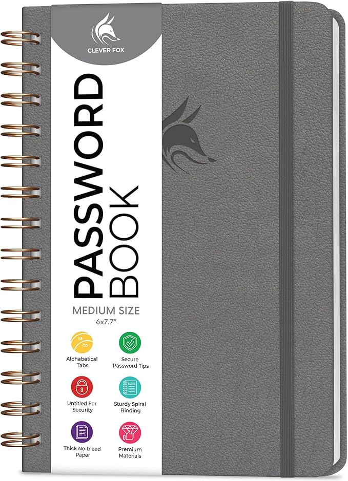 Clever Fox Password Book Spiral – Internet Address & Password Organizer with Laminated Alphabetical Tabs – Password Keeper Journal – Hardcover, Medium Size, 6.1x7.7” (Gray)