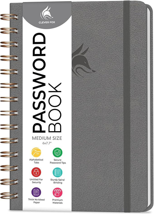 Clever Fox Password Book Spiral – Internet Address & Password Organizer with Laminated Alphabetical Tabs – Password Keeper Journal – Hardcover, Medium Size, 6.1x7.7” (Gray)
