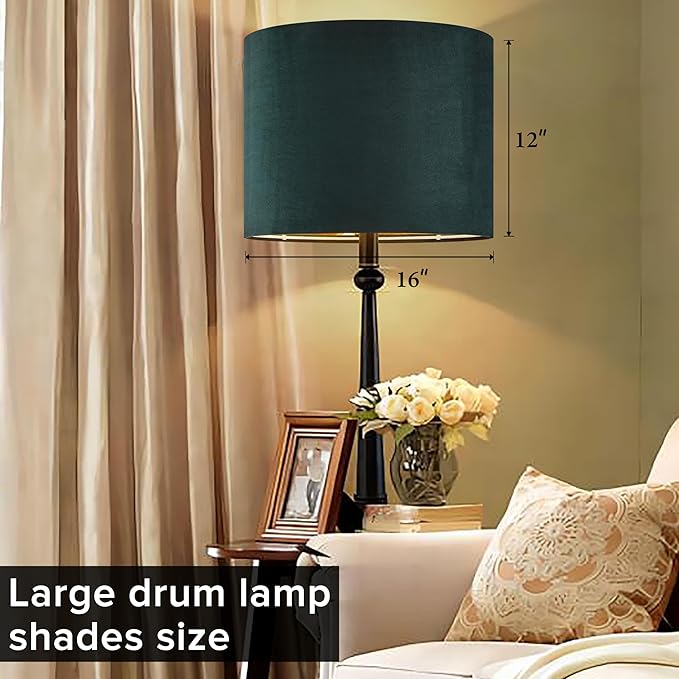 Green Velvet Lampshades Set of 1 Large Drum Lamp Shade 16" Top x 16" Bottom x 12" High (Spider) Modern Lamp Shade - Ideal for Table & Floor Lamps - Lampshades Replacement - By GO&SO