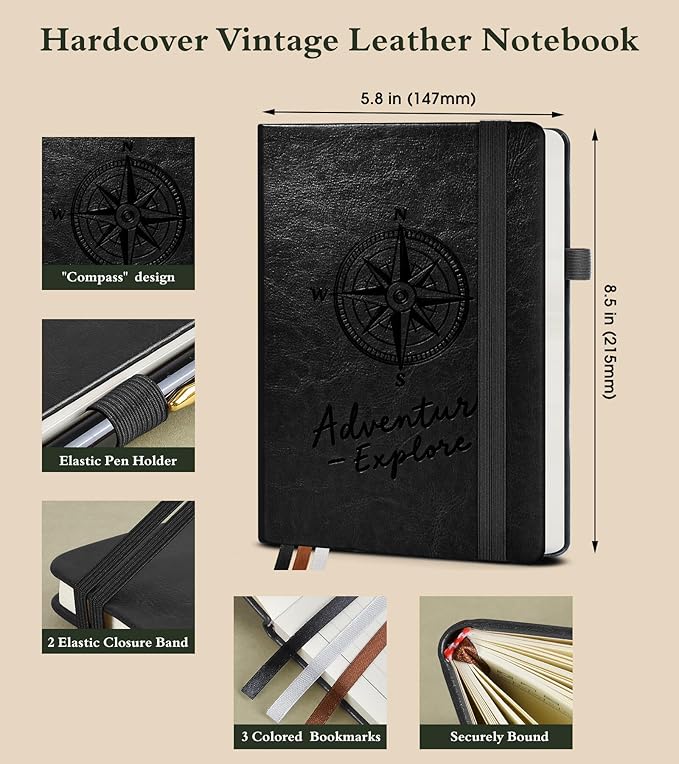 PAIBAS Lined Journal Notebook for Women Men, 160 Pages, A5 Hardcover Vintage Leather Journaling Notebooks for Work, School, Note Taking, Travel, Bible Study, Daily Diary for Writing 5.8"x8.5" (Black)