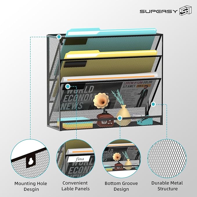 SUPEASY Wall File Organizer Mesh Office Mail Holder, Hanging Wall Organizer Magazine Rack for Office Black, 4 Tier