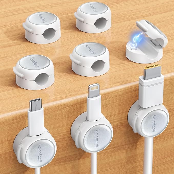 Magnetic Cable Clips Cord Organizer - Lamicall 8Pack [Crystal-Clear & Silver Shine] Cable Management Holder for Phone Charging Cord, Strong Adhesive for Nightstand, Home Office Desk Decor Accessories