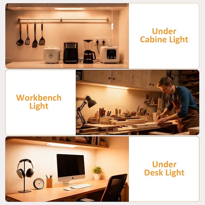 maylit Under Cabinet Lighting Plug in, 14 Inch Linkable Ultra Bright LED Light Bar, Renter Friendly Lamp, Wired 110V 120V Indoor Lights for Kitchen Cabinet, Counter, Workbench, Desk, Shelf, Warm White