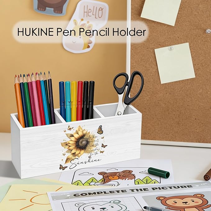 HUKINE Sunflower Inspirational Quotes Pen Holder for Desk Decoration, When You Can't Find the Sunshine Motivational Wooden Box Sign Pencil Holder Organizer for Home Office Desk Accessories