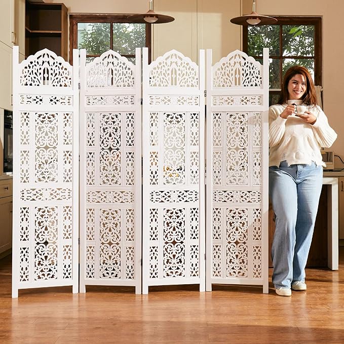 5.75Ft Room Divider Wood Screen, 33Lbs Durable Antiqued Style MDF Carved Headboard, Reversible Freestanding Folding Partition Paravent for Home Office, 69 * 71 inch(H*W) - 4 Panels (Rustic White)
