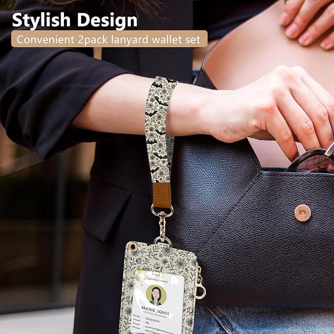 bolimoss Bat Lanyard Wallet Badge Holder PU Leather RFID Keychain Wallet with Breakaway Neck Wristlet Lanyard Zipper Pocket, Slim Credit Card Holder with Key Ring Phone Holder for Teacher Nurse Women