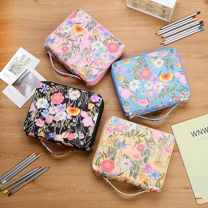 Vomgomfom Colored Pencil Case - 124 Slots Pencil Holder with Zipper Closure Twill Fabric Large Capacity Pencil Case for Watercolor Pens or Markers, Pencil Case Organizer for Artist (Yellow Flower)