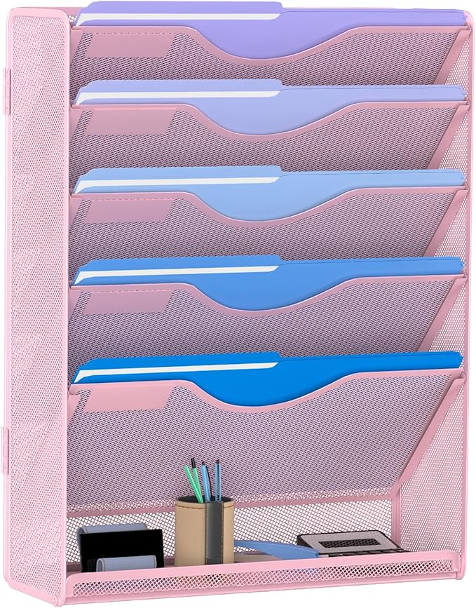 Gawerk 6 Tier Hanging File Organizer, Mesh Wall File Holder Paper Folder Rack with Bottom Flat Tray for Office Home, Pink