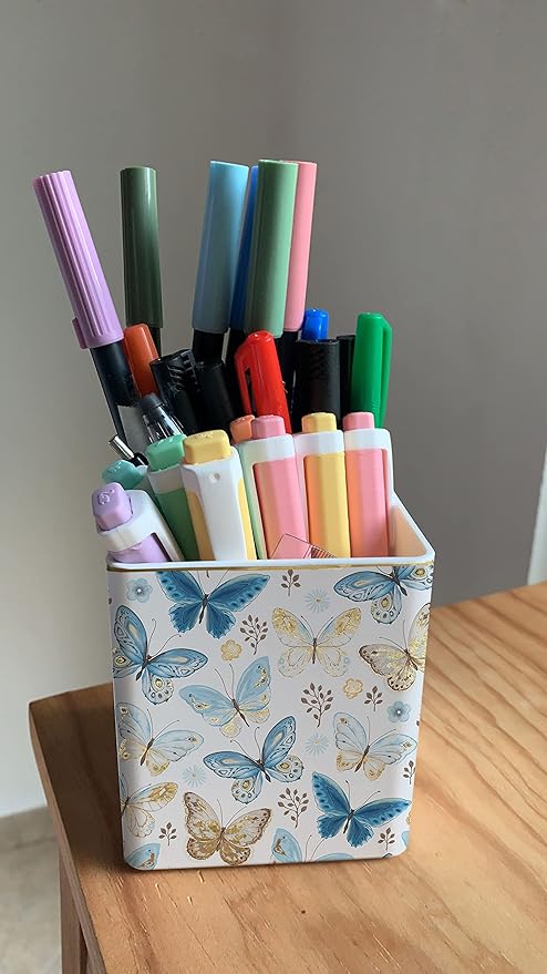LEAZUL Pen Pencil Holder, Makeup Brush Holder,Ceramic Remote Control Holders Organizer with 2 Compartment Floral Multi-functional Office Organizers Storage Caddy Desk Tv Remote Holders Shiny Butterfly