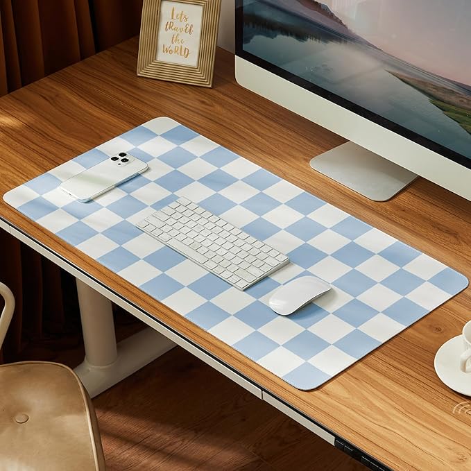 Ohocut Checkered Desk Mat, Large Cute Aesthetic Retro PU Leather Computer Laptop Desk Mat, Non-Slip Waterproof Mouse Keyboard Pad, Desk Writing Mat for Work/Home (Blue, 23.6" x 13.7")