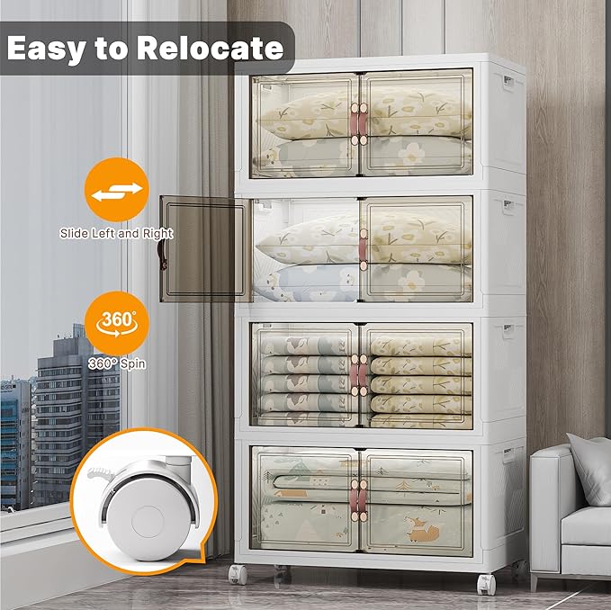 UAMFURI Extra Large Stackable Storage Bins with Lids & Wheels & Door, 1280QT-160QT/40GAL*8Pack Foldable Collapsible Closet Organizers, Plastic containers drawers for bedroom Dorm