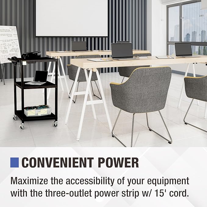 Norwood Commercial Furniture Mobile Utility AV Cart with Power Strip and Casters, Rolling Presentation and Media Cart on Wheels, Black